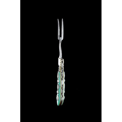 Rare German Saxony Folding Steel Brass Silver and Green Stained Ivory Miniature Fork